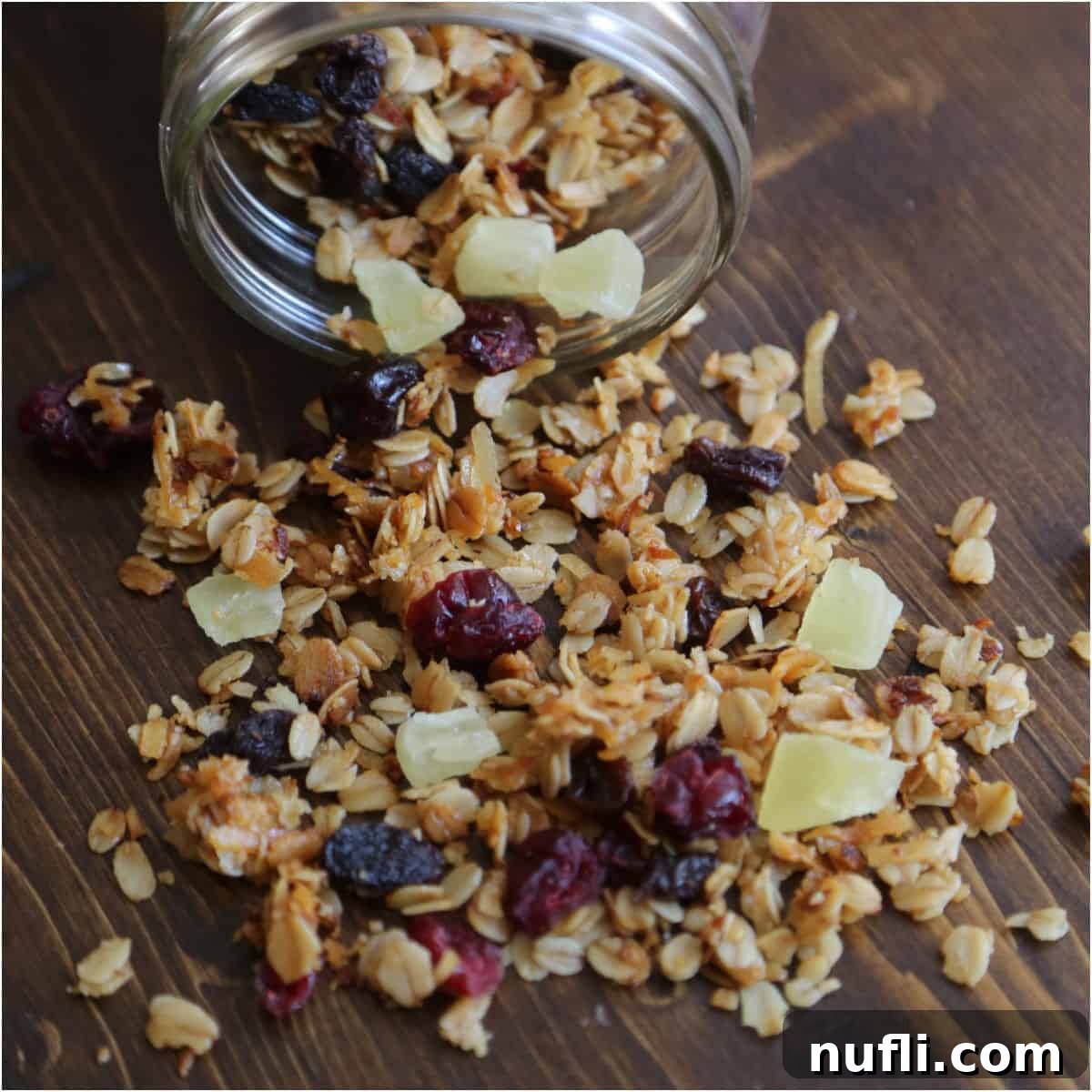 Over 40 Simple Plant-Based Slow Cooker Meals 25 Crockpot granola with dried fruit pouring out of a mason jar, a healthy and customizable snack
