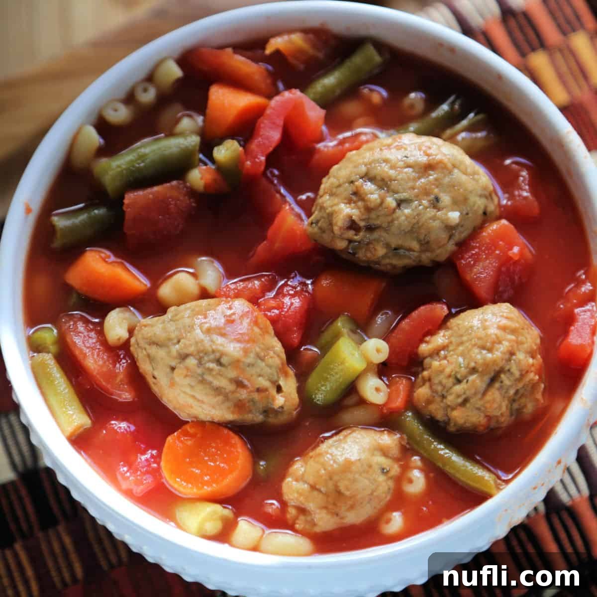 Over 40 Simple Plant-Based Slow Cooker Meals 36 Crock Pot Vegetarian Meatball Soup in a white bowl, a protein-rich plant-based meal