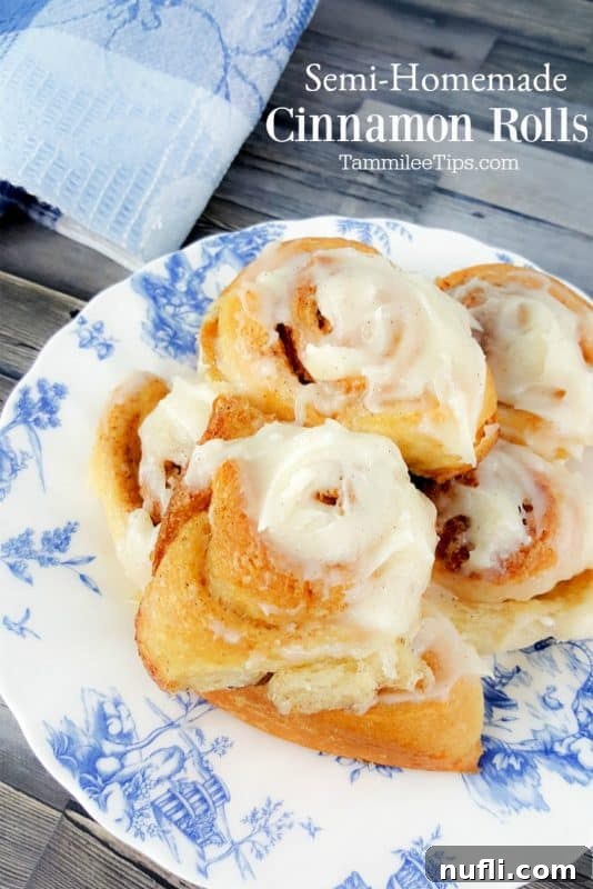 Semi-Homemade Cinnamon Rolls text over a white and blue plate with a stack of iced cinnamon rolls. Delicious and easy breakfast or dessert idea.