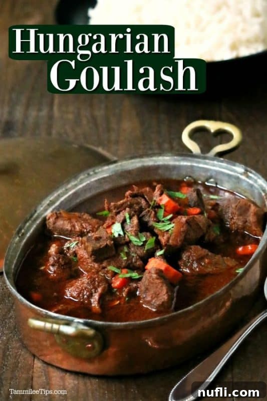 Hungarian Goulash in a metal pot with a spoon next to it