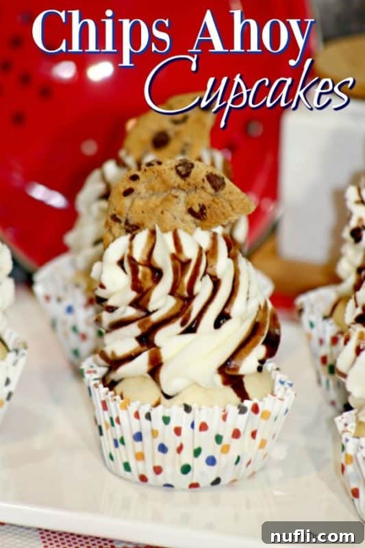Chips Ahoy Cupcake over cupcakes topped with a chips ahoy cookie
