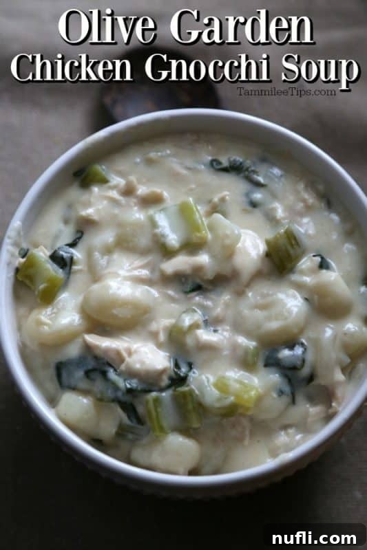 Olive Garden Chicken Gnocchi Soup in a white bowl, showing chicken, gnocchi, celery, and fresh leafy greens