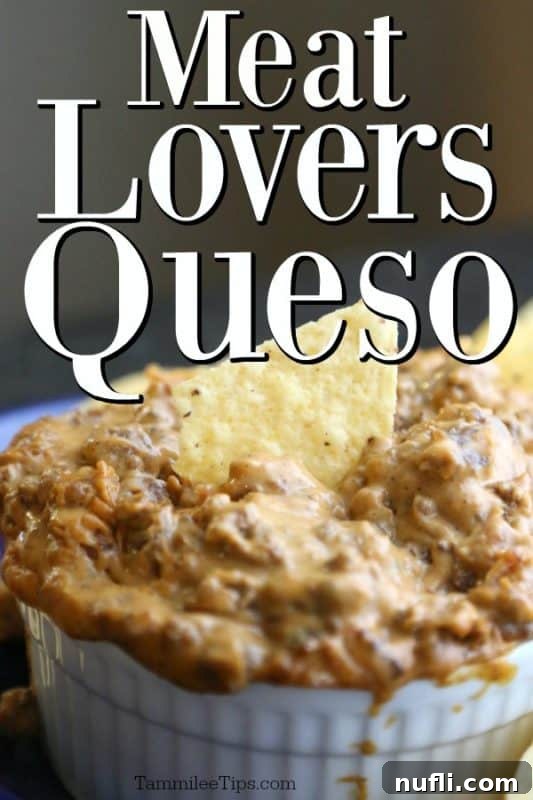Hearty Meat Lover's Crockpot Queso Dip 2 A serving of Meat Lovers Queso in a white bowl, ready to be scooped with a tortilla chip.