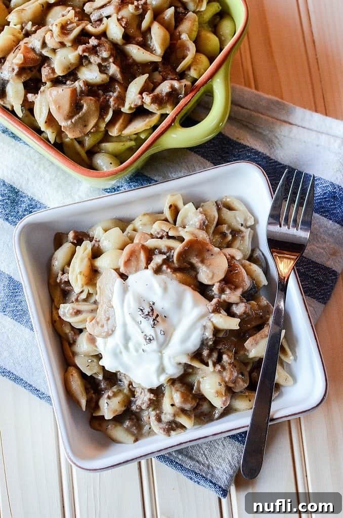 The final, inviting dish of Crock Pot Mushroom Pasta Casserole, beautifully presented and ready to be served, showcasing its rich, creamy sauce and perfectly cooked pasta.