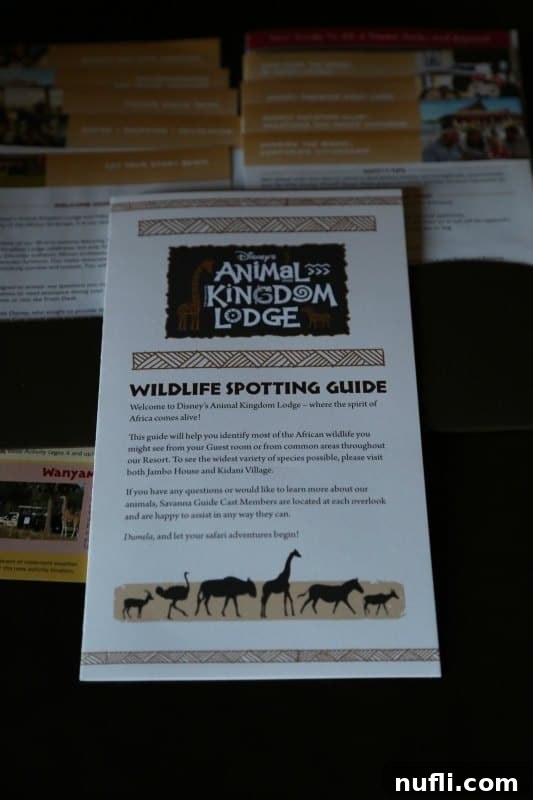 Detailed Wildlife Spotting Guide, featuring illustrations of various African animals, given to guests at Animal Kingdom Lodge