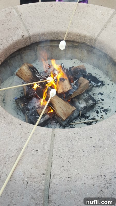 Children happily roasting marshmallows on sticks over a glowing fire pit at a resort campfire activity