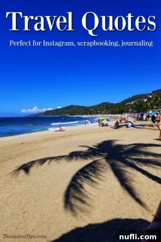 Breathtaking beach with palm tree shadows, perfect backdrop for inspirational travel quotes, wanderlust, and adventure captions for Instagram, scrapbooking, and journaling.