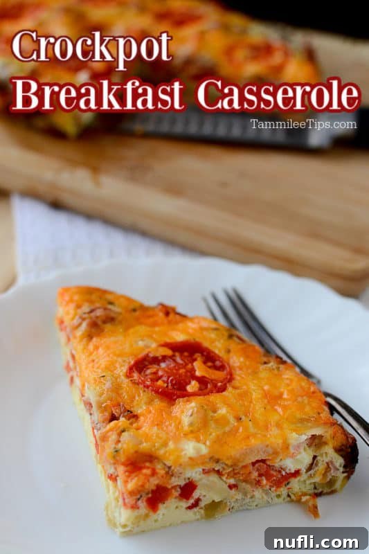 crockpot breakfast casserole over a slice of egg and tomato casserole on a white plate