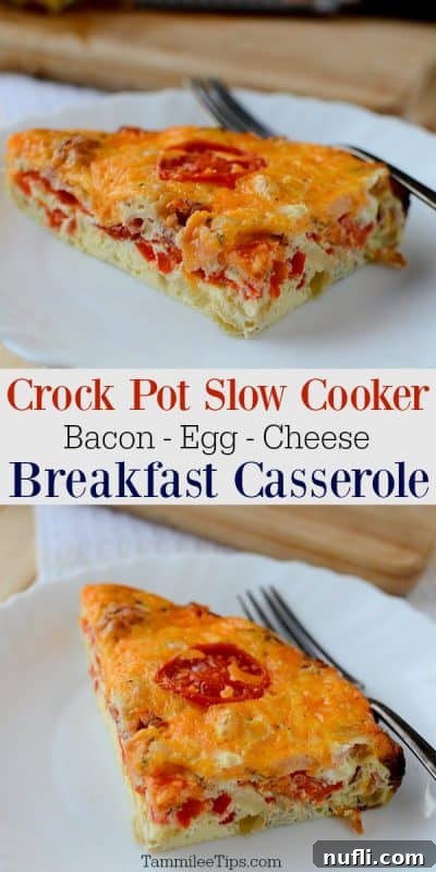 crockpot bacon egg and cheese breakfast casserole on a whilte plate