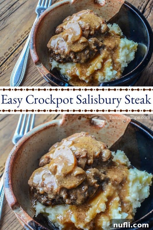 Easy Crockpot Salisbury Steak between two photos of Salisbury steak in a bowl