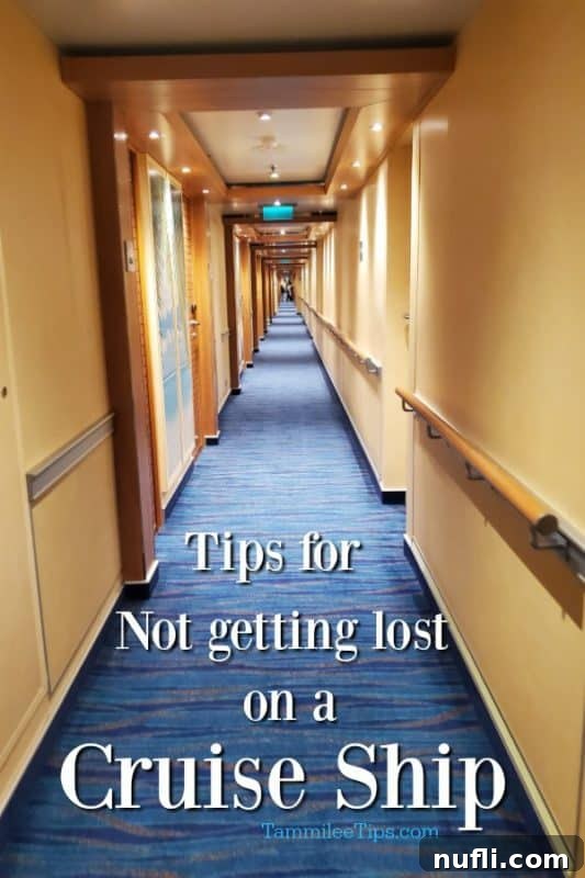 Tips for not getting lost on a cruise ship with a photo down the hall of the ship