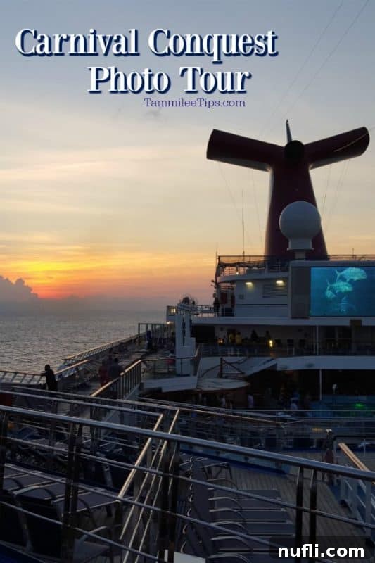 Carnival Conquest at sunset with the iconic Carnival funnel, symbolizing adventure ahead.