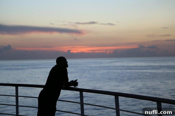 A person stands at the rail of the Carnival Conquest, gazing out at the vast ocean.