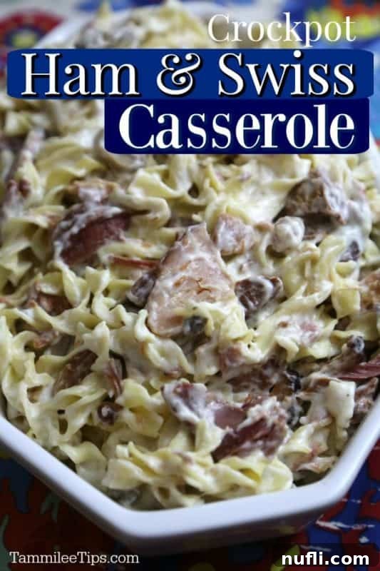 Crockpot Ham & Swiss over a casserole dish with pasta ham and cheese