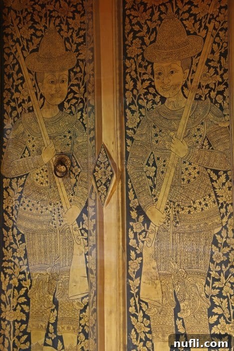 Intricately carved golden door panel depicting mythical figures at Wat Arun temple