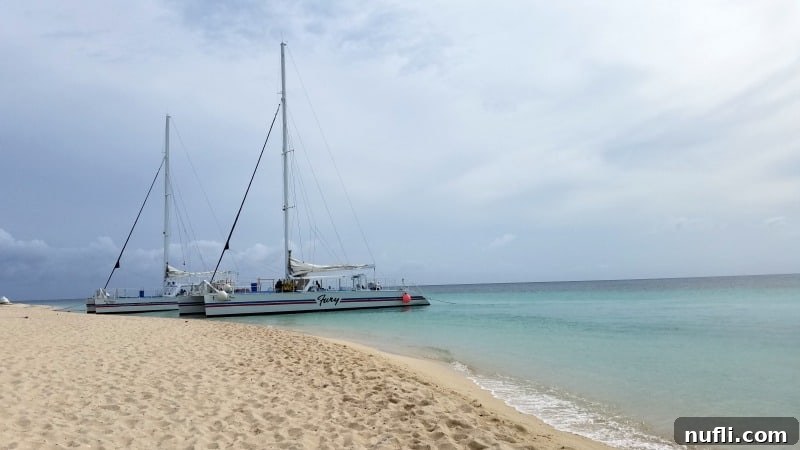 The Fury catamaran gracefully pulled up to a beautiful Cozumel beach, awaiting its passengers.