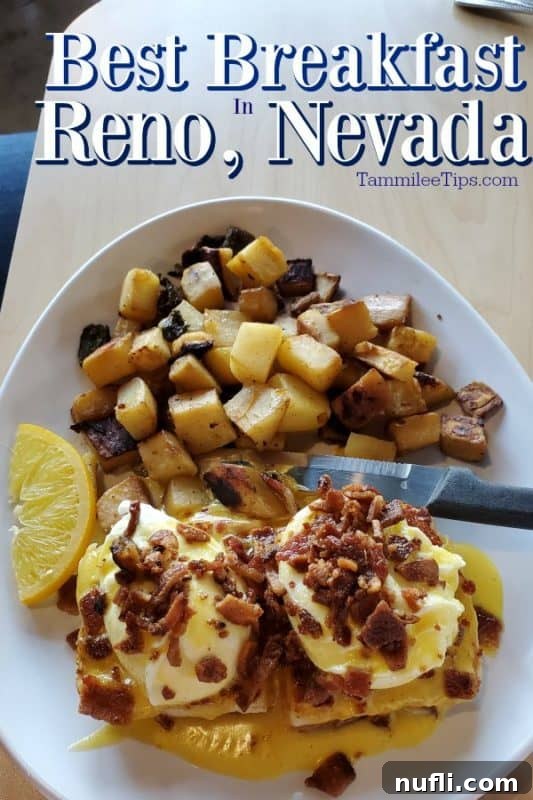 Scrumptious Eggs Benedict with crispy bacon and breakfast potatoes, a prime example of Reno's best breakfast