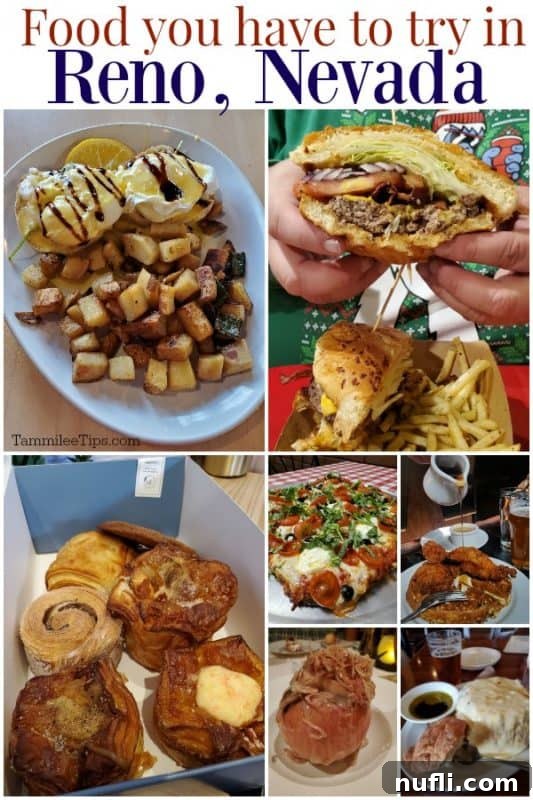 A vibrant collage of diverse food dishes you need to try in Reno, Nevada, showcasing the city's rich culinary scene