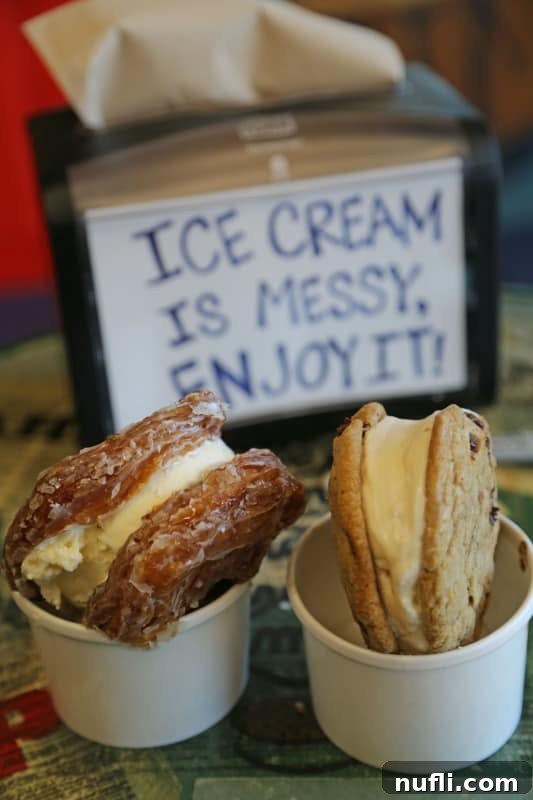 ice cream sandwiches with cookies next to a napkin display