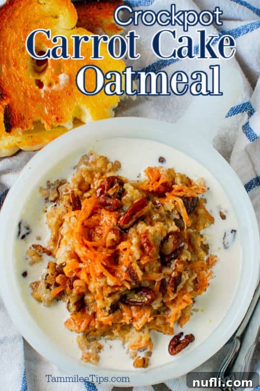 Crockpot carrot cake oatmeal over a bowl filled with oatmeal and a spoon