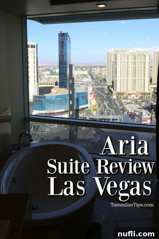 Luxurious jetted bathtub in an Aria Tower Suite, offering stunning panoramic views of the Las Vegas Strip.