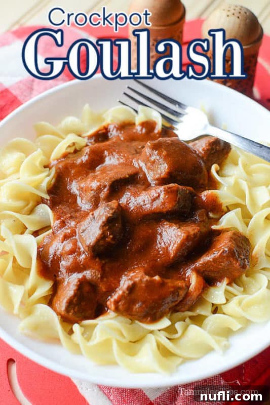 Set It and Forget It Goulash 2 Hearty Crockpot Goulash served over tender egg noodles on a white plate with a silver fork.