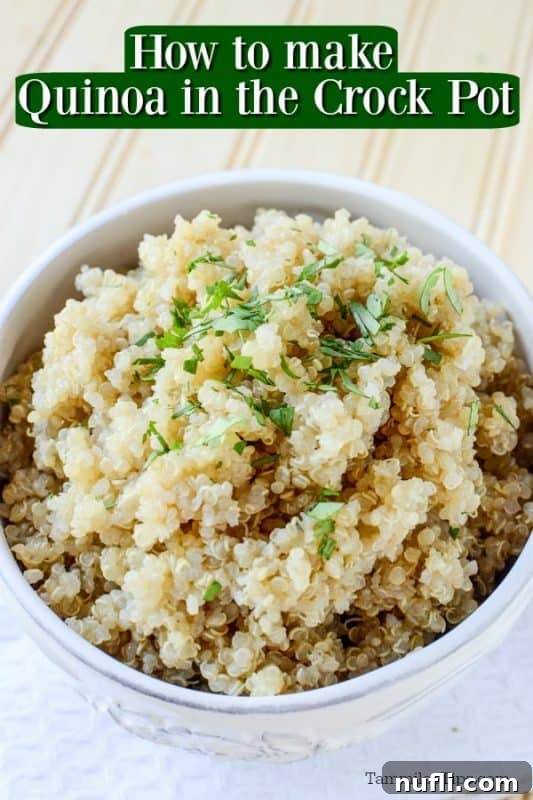 How to make Quinoa in the crockpot over a white bowl filled with quinoa