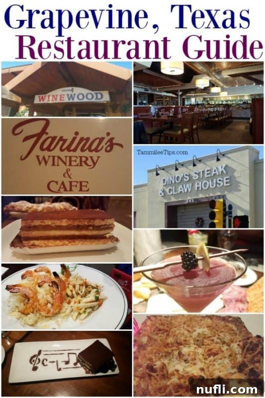 Grapevine Texas Restaurant Guide over a collage of photos showcasing various dishes and restaurant exteriors