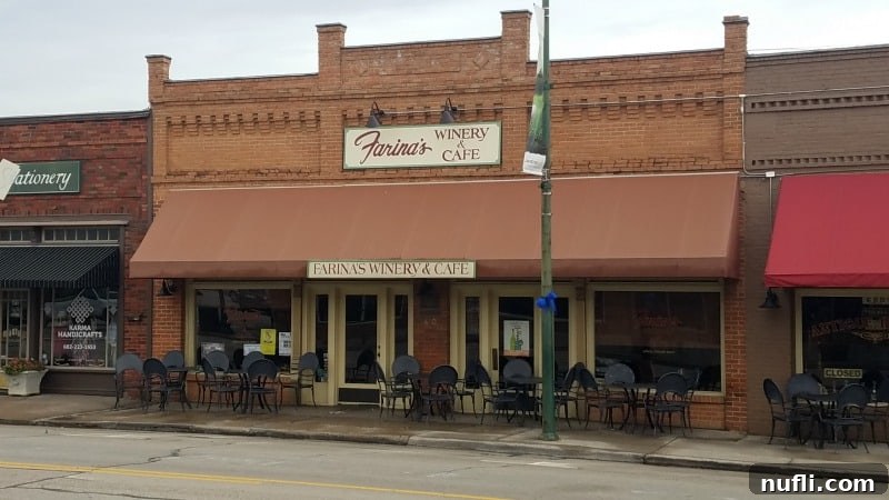 Farina's Winery and Cafe exterior, featuring a charming brick building with inviting outdoor seating