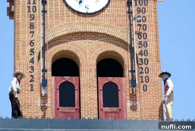 The impressive Grapevine Glockenspiel clock tower, featuring two cowboy figures, against a clear sky.