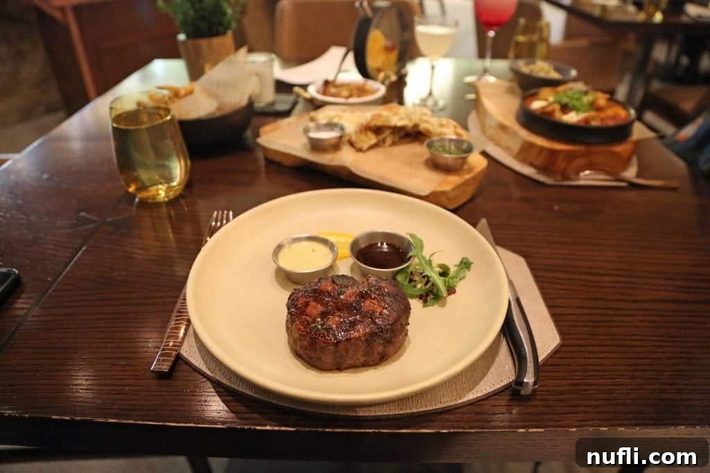 Perfectly cooked steak dinner at Harvest Bellagio