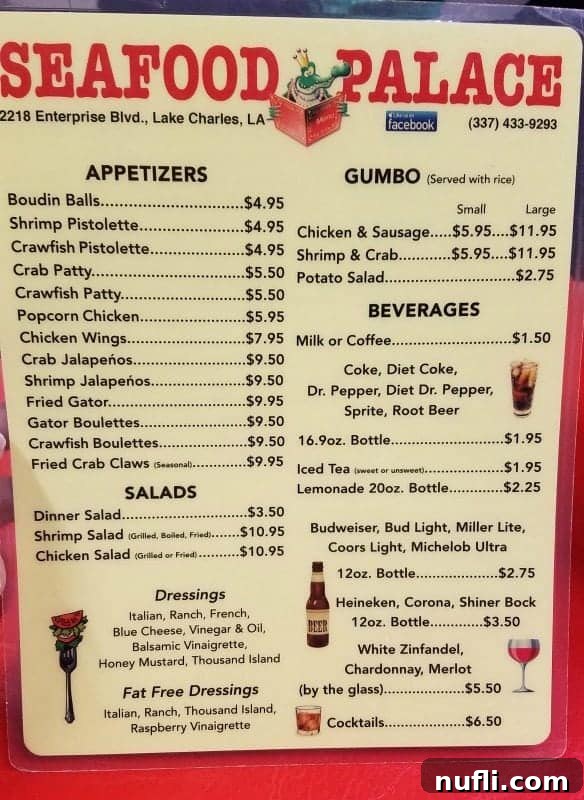 Seafood Palace restaurant menu displaying a variety of fresh seafood options and prices.