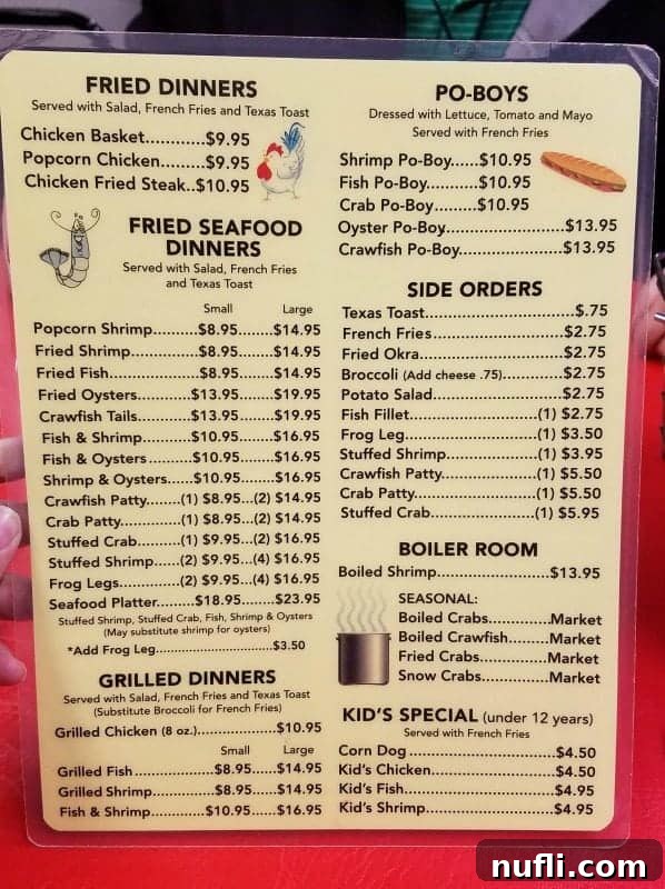 Another view of the Seafood Palace menu, highlighting additional seafood choices and specials.