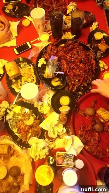 plate with crawfish platters and tons of plates