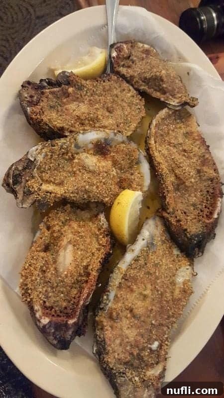 Baked oysters topped with cheese and herbs, a savory seafood appetizer.