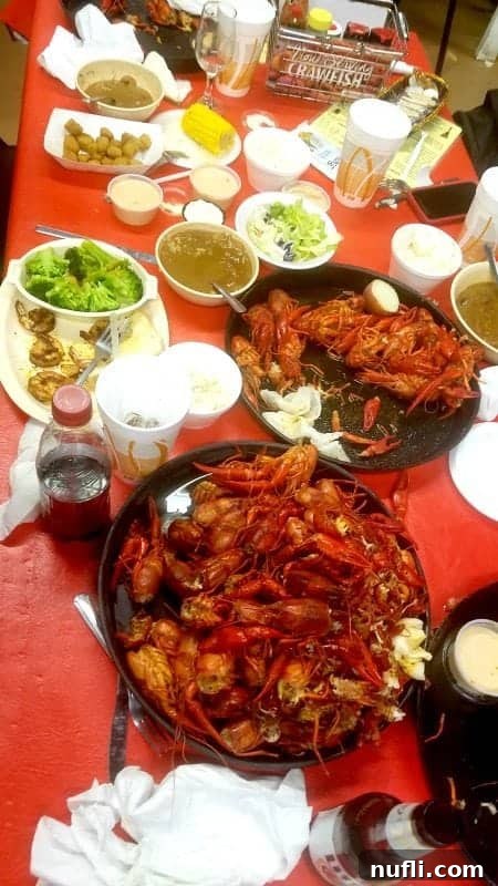 crawfish platters and tons of plates on a table 
