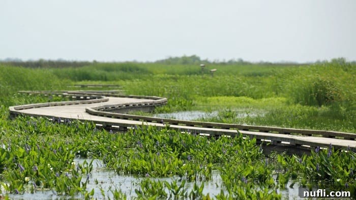 Boardwalk winding through the wetlands of the Creole Nature Trail, ideal for birdwatching