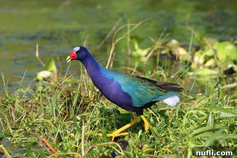 Vibrant Purple Gallinule on a lily pad in a Louisiana swamp