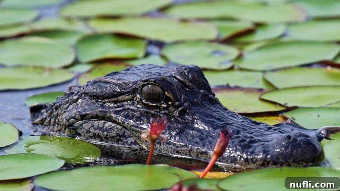 Alligator partially submerged in water amidst vibrant green lily pads