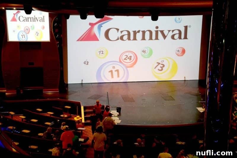 The vibrant Carnival Magic theater, with bingo symbols prominently displayed on the screen, ready for an exciting game.