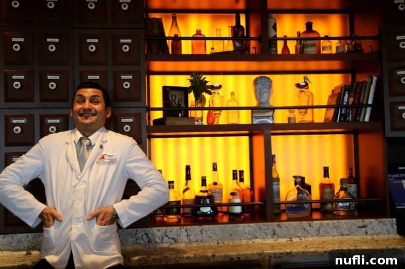 A skilled bartender standing confidently in the Alchemy Bar, ready to craft bespoke cocktails for eager guests.