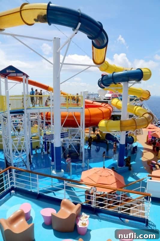 Exciting waterslides on the Carnival Magic's WaterWorks, promising thrills for all ages.