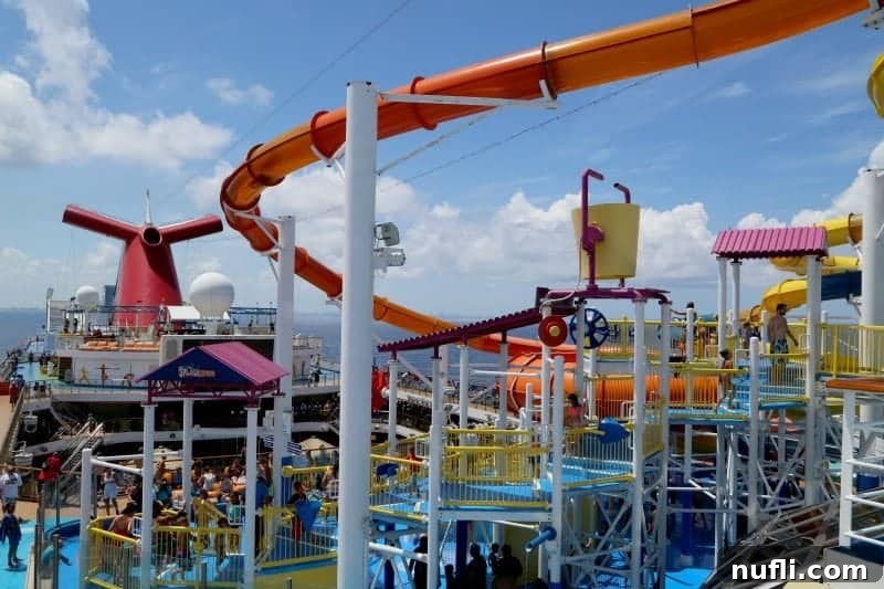 The upper deck of the Carnival Magic, showcasing the exhilarating waterslides and the prominent Carnival funnel, a hub of activity and fun.