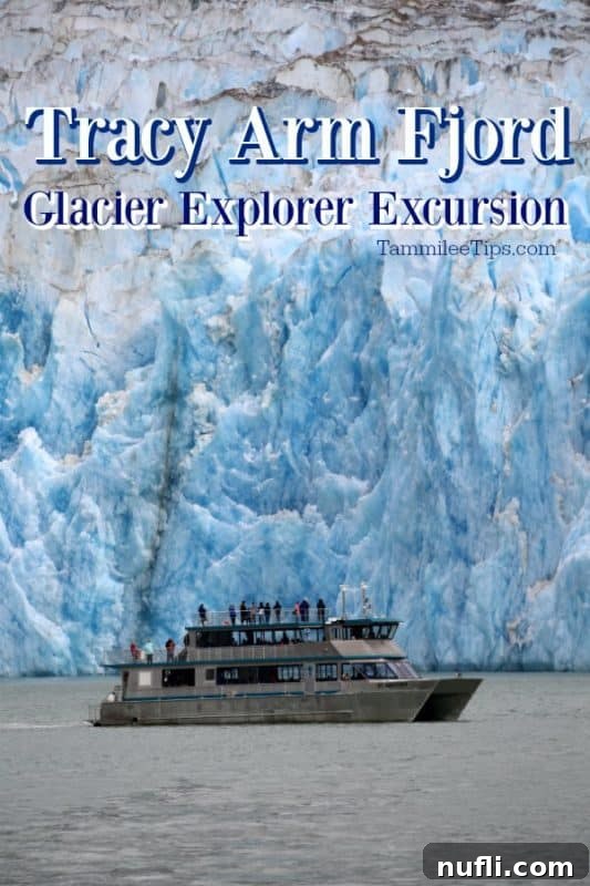 Tracy arm fjord glacier explorer excursion over a large glacier with a boat in the water