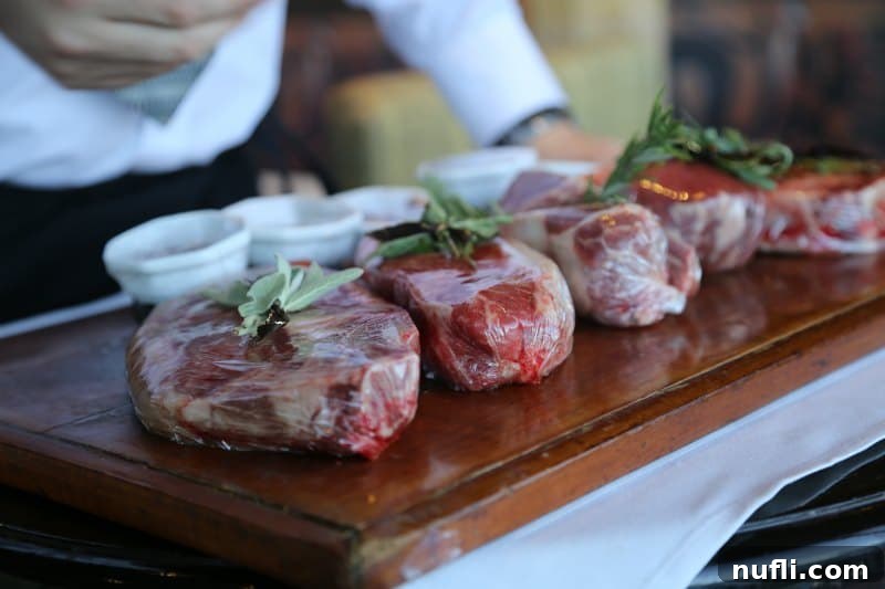 steaks wrapped in cellophane on a wooden board 