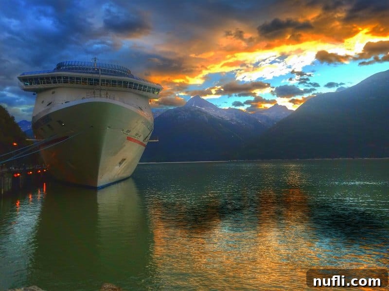 Carnival Legend tied off in port with sunset over it 