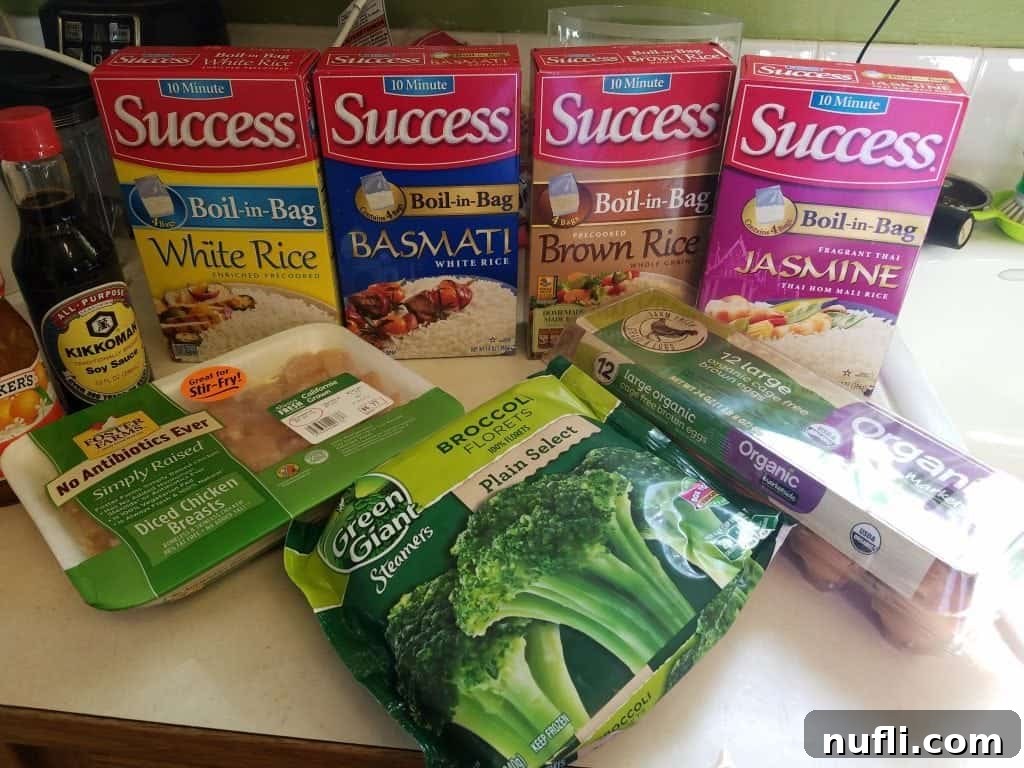 Orange Chicken Recipe Ingredients rice boxes chicken, broccoli, eggs, and soy sauce