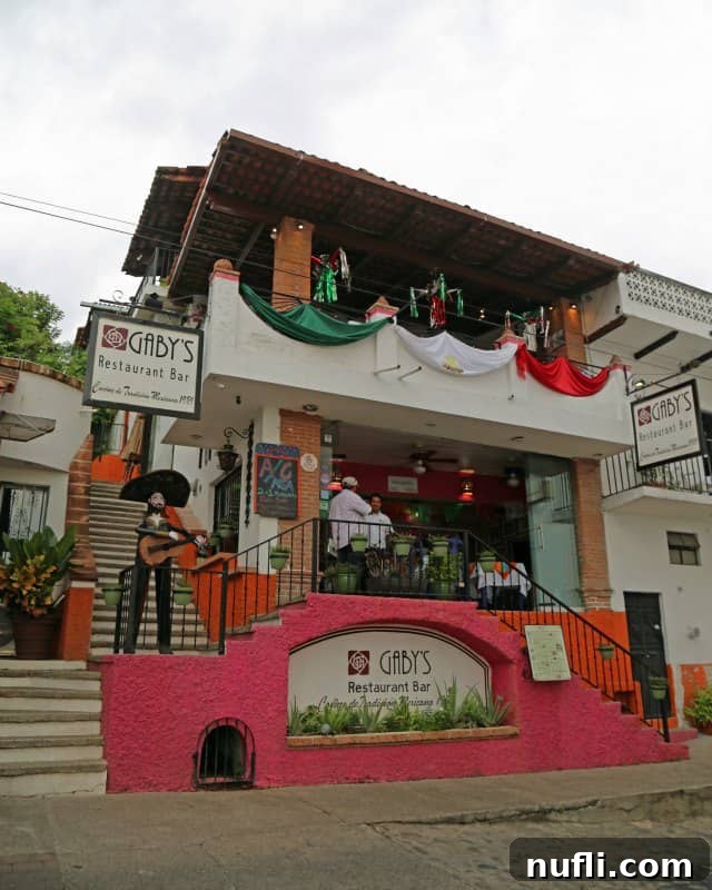 Gabby's Restaurant Exterior with stairs leading up the side, a welcoming sight in Puerto Vallarta.