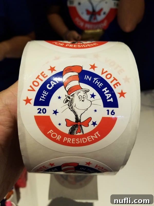 Vibrant 'Vote the Cat in the Hat for President' stickers, a fun souvenir from the St. Jude Day of Play.