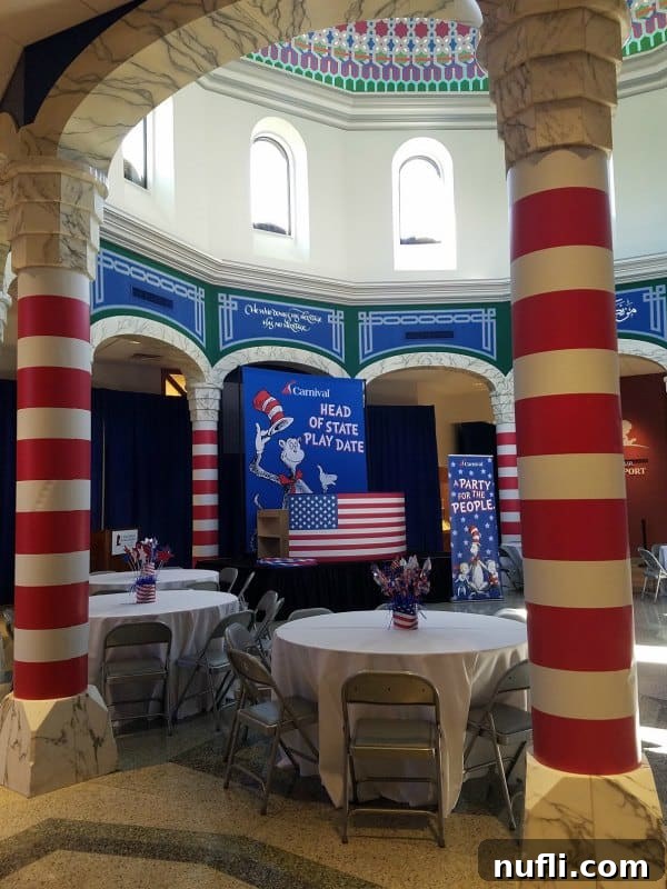 Colorful decorations for the Carnival Head of State Play Date at St. Jude Children's Research Hospital, featuring patriotic and Cat in the Hat themes.